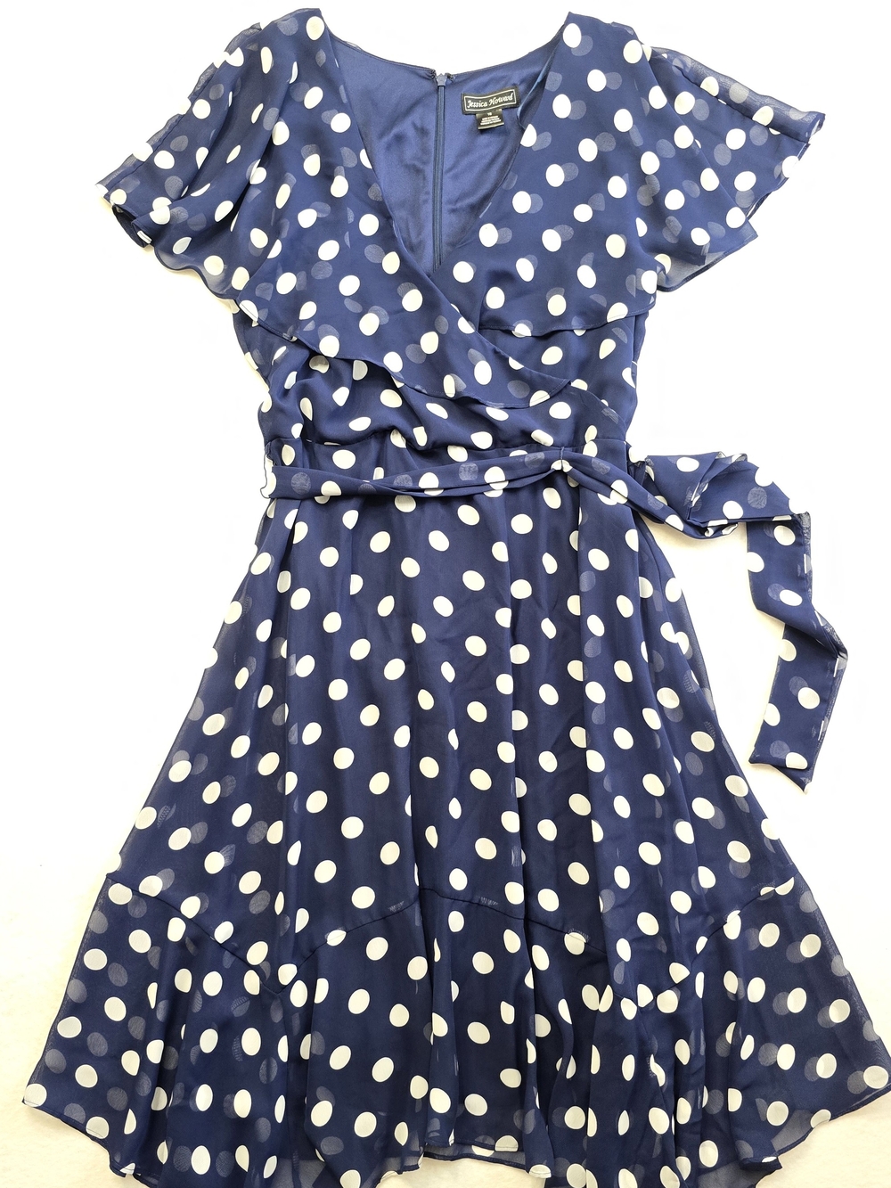 Jessica Howard Polka Dot Wrap Midi Dress Blue & White Size 16 Like New